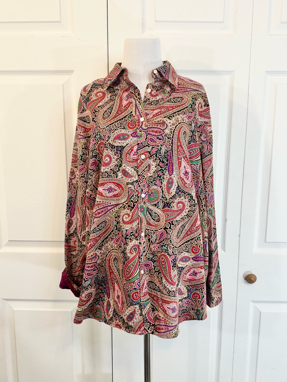 Chaps No Iron Paisley Button Front Blouse